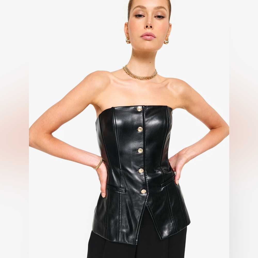 CAMI NYC Black Vegan Leather Strapless Button Detail Iman Top Size 4